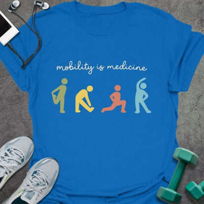 Royal blue t-shirt printed with "mobility is medicine" in multicolor, with emoji icons of different mobility positions