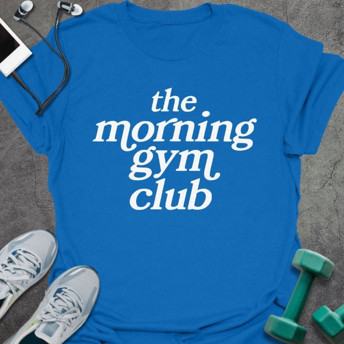 Royal blue t-shirt printed with "the morning gym club"