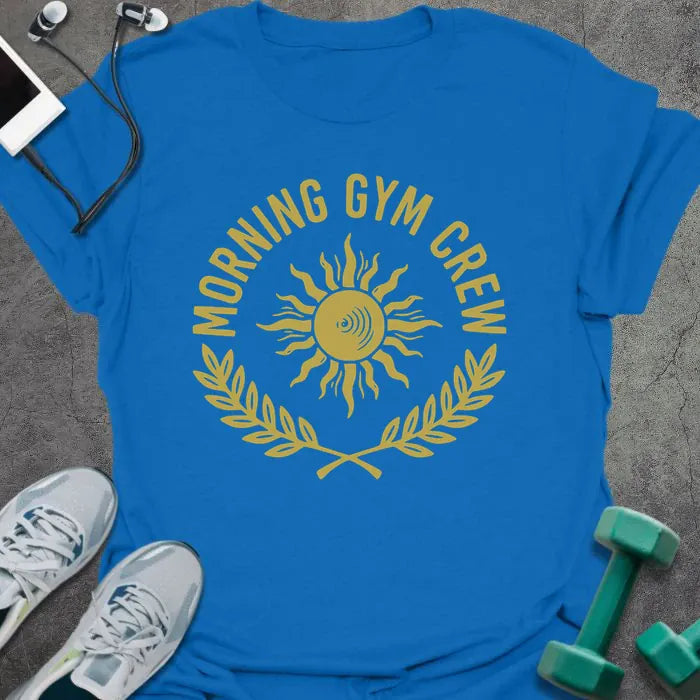 Royal blue t-shirt printed with "Morning Gym Crew" in yellow, with sun graphic