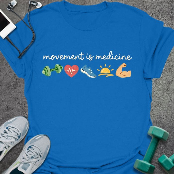 Royal blue t-shirt printed with "movement is medicine" in multicolor, with emoji icons of different exercises