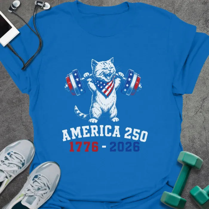 Royal blue t-shirt with an American flag cat with dumbbells graphic in white and red