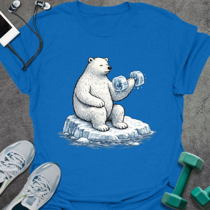 Royal blue t-shirt with an illustration of a polar bear holding dumbbells in blue and white