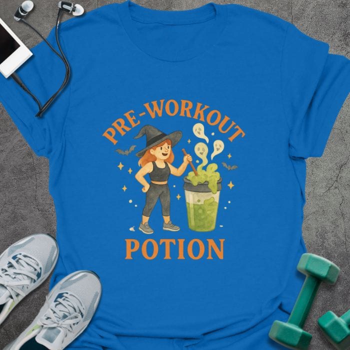 Royal blue t-shirt printed with "Pre-workout Potion" in orange and green, with an illustration of a woman and a potion bottle