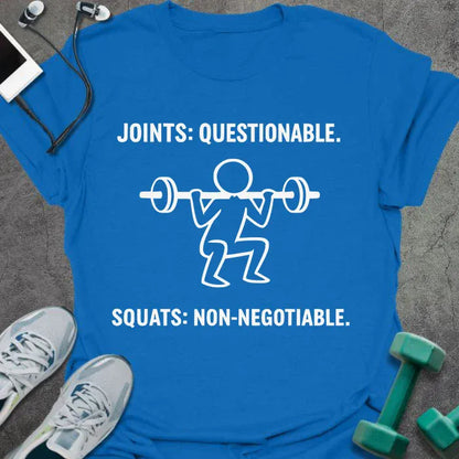Royal blue t-shirt printed with "Joints: Questionable. Squats: Non-negotiable." in white, with a white line art stick figure squatting with barbell