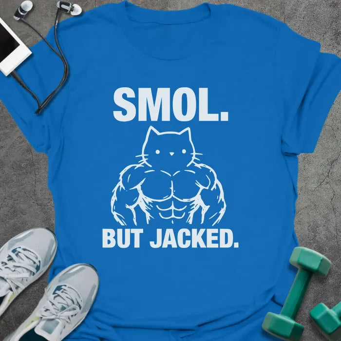 Royal blue t-shirt printed with "Smol. but Jacked.", with an illustration of a muscular cat