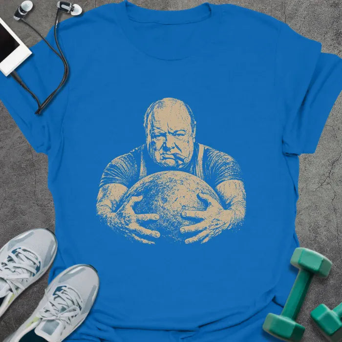 Royal blue t-shirt with a portrait of Winston Churchill flexing with both arms in white