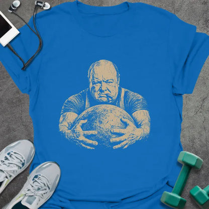 Royal blue t-shirt with a portrait of Winston Churchill flexing with both arms in white