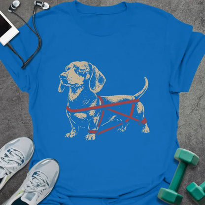 Royal blue t-shirt with an illustration of a Dachshund with a barbell around it in white