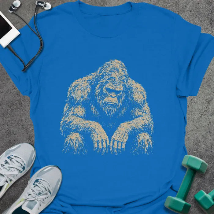 Royal blue t-shirt with an illustration of Bigfoot looking tired or exhausted in white