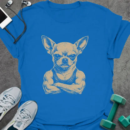 Royal blue t-shirt with an illustration of a Chihuahua with crossed arms in white