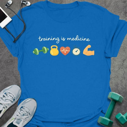 Royal blue t-shirt printed with "training is medicine" in multicolor, with emoji icons of training elements