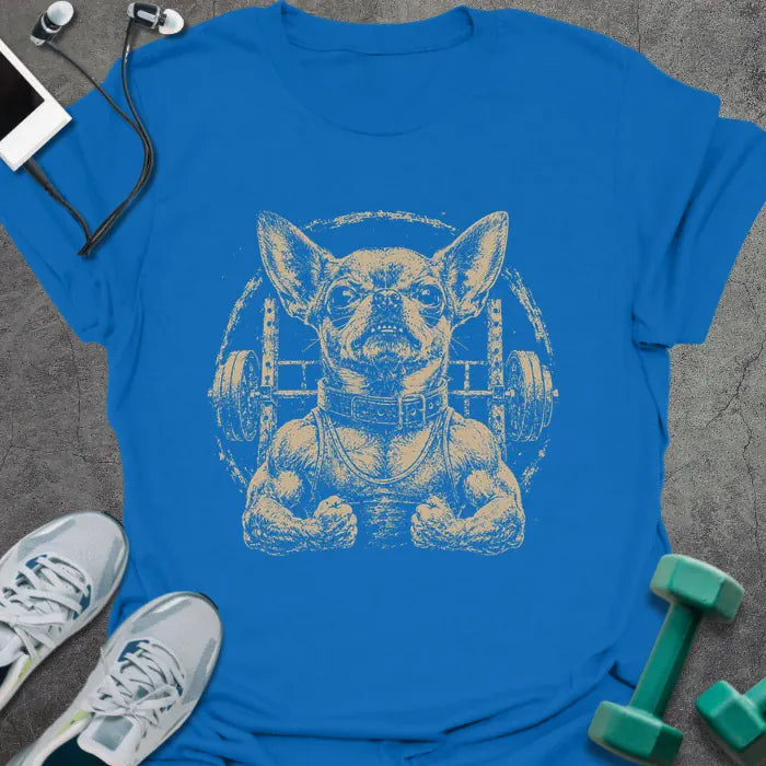 Royal blue t-shirt with an illustration of a Chihuahua in a muscular stance in white