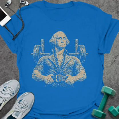 Royal blue t-shirt with a portrait of George Washington flexing with barbell weight on shoulders in white