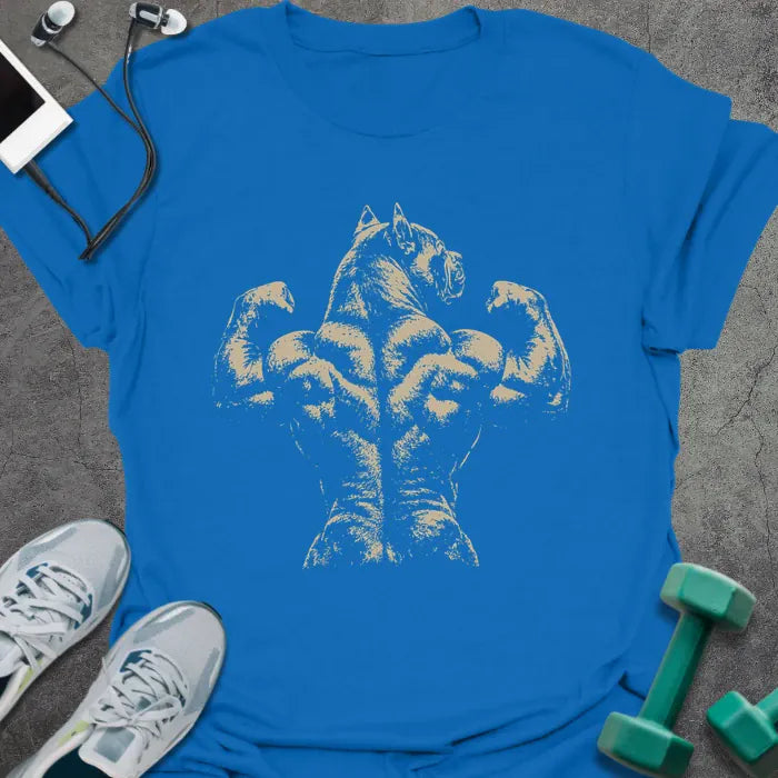 Royal blue t-shirt with an abstract illustration of muscular back with horse's head in white