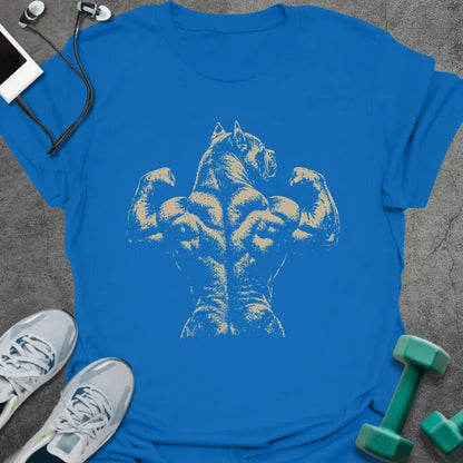 Royal blue t-shirt with an abstract illustration of muscular back with horse's head in white