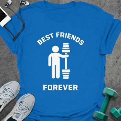 Royal blue t-shirt printed with "Best Friends Forever", with a stick figure and dumbbells