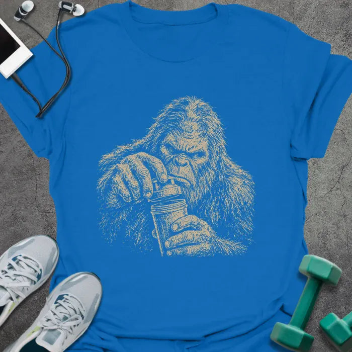 Royal blue t-shirt with an illustration of Bigfoot appearing to struggle in white