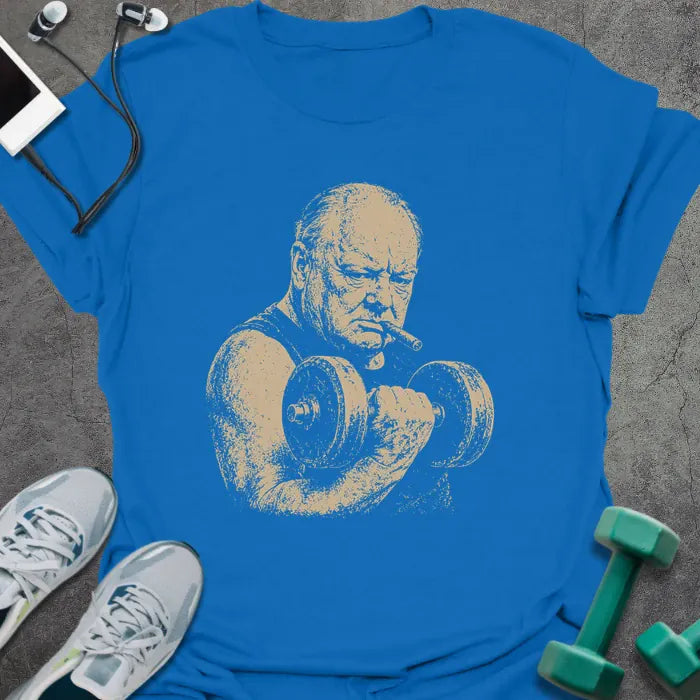 Royal blue t-shirt with a portrait of Winston Churchill holding dumbbells in white