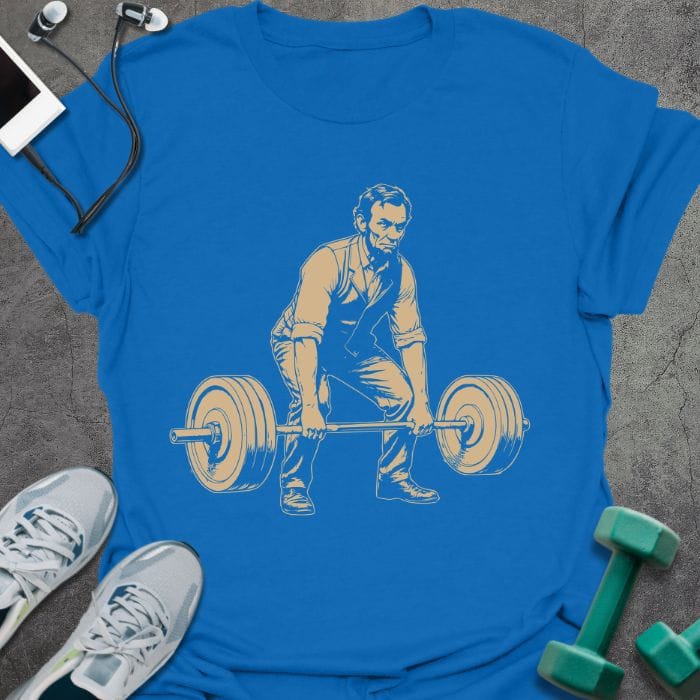 Royal blue t-shirt with Abraham Lincoln doing deadlift graphic in tan and black