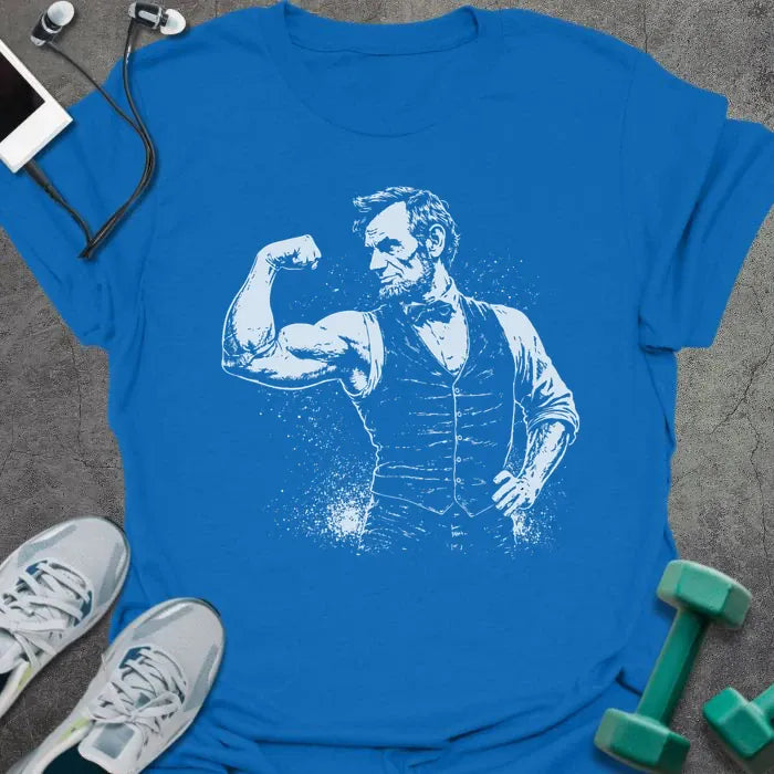 Royal blue t-shirt with Abraham Lincoln flexing graphic in white