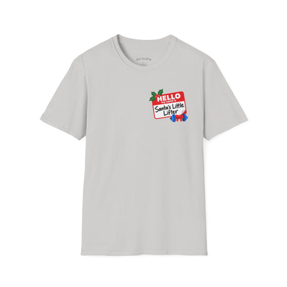 Ice grey t-shirt printed with a small red name tag on the chest reading "HELLO my name is Santa's Little Lifter", with holly and a blue dumbbell tied with a red bow
