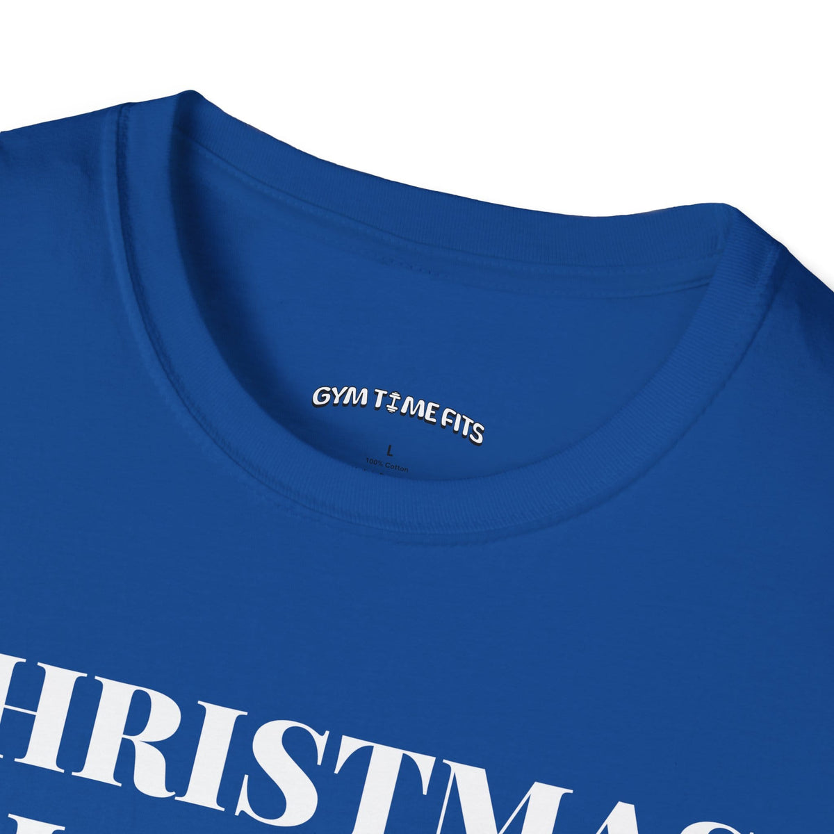 Close-up of the royal blue t-shirt collar with the Gym Time Fits neck label