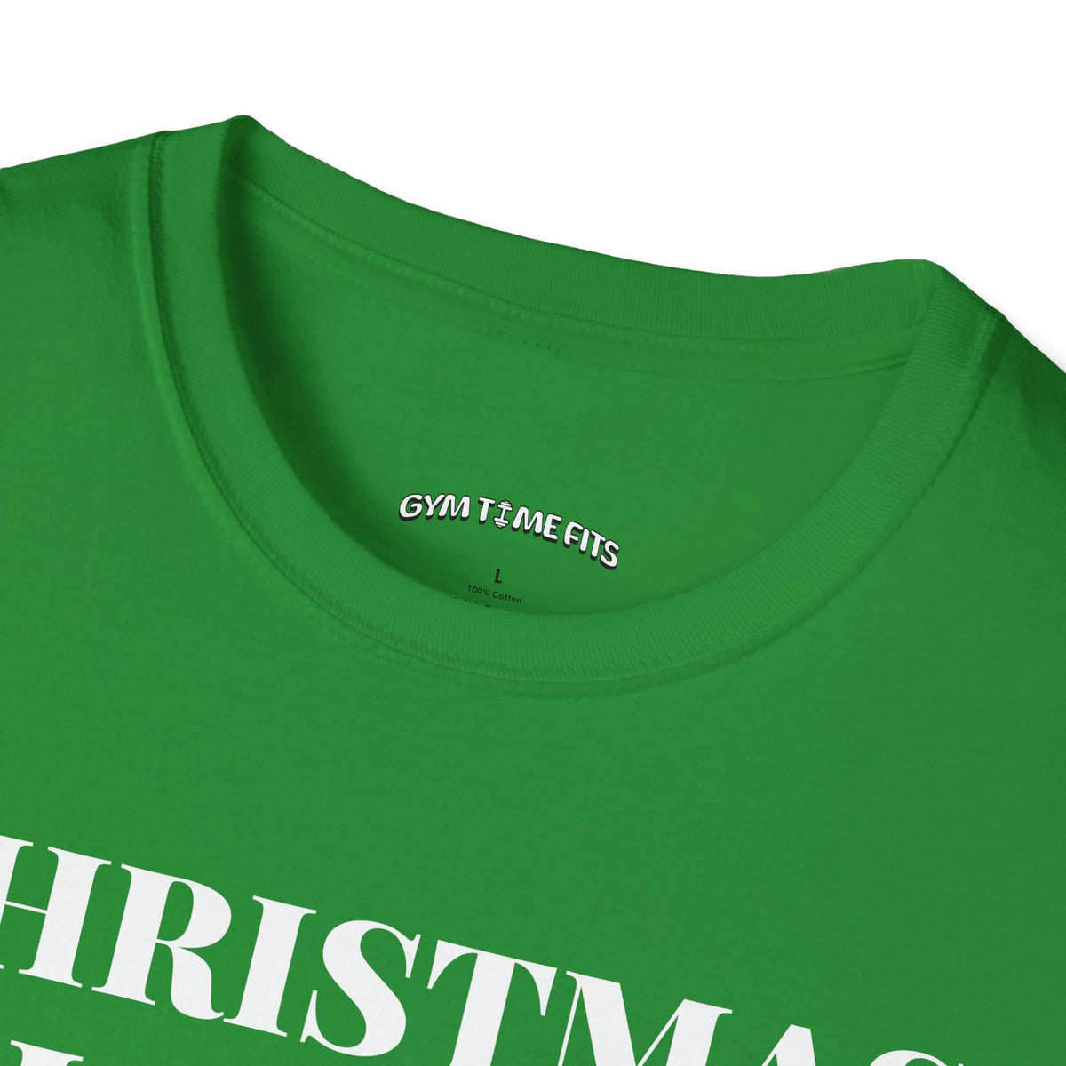 Close-up of the Irish green t-shirt collar with the Gym Time Fits neck label