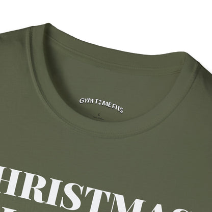 Close-up of the military green t-shirt collar with the Gym Time Fits neck label