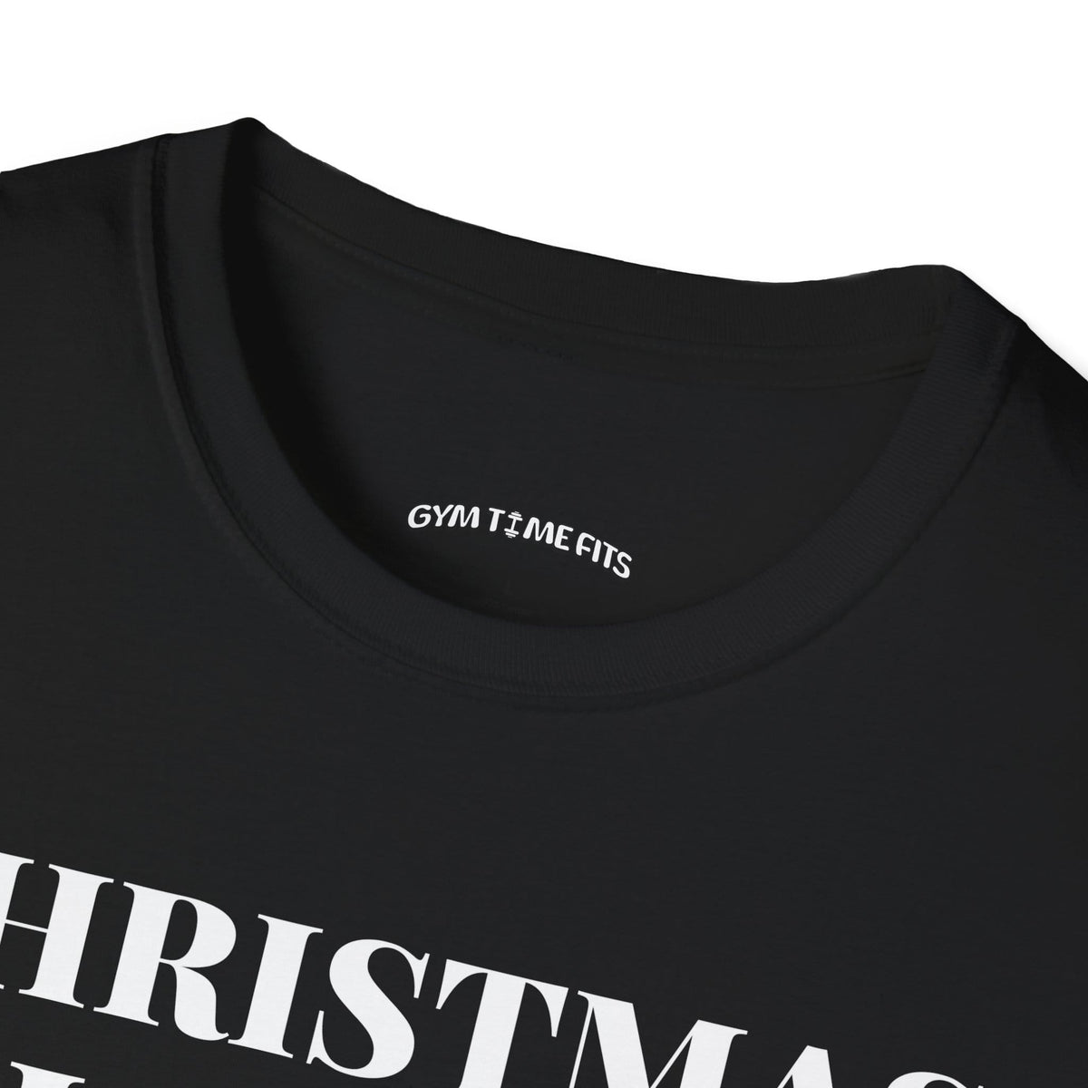 Close-up of the black t-shirt collar with the Gym Time Fits neck label