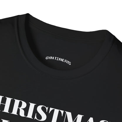 Close-up of the black t-shirt collar with the Gym Time Fits neck label