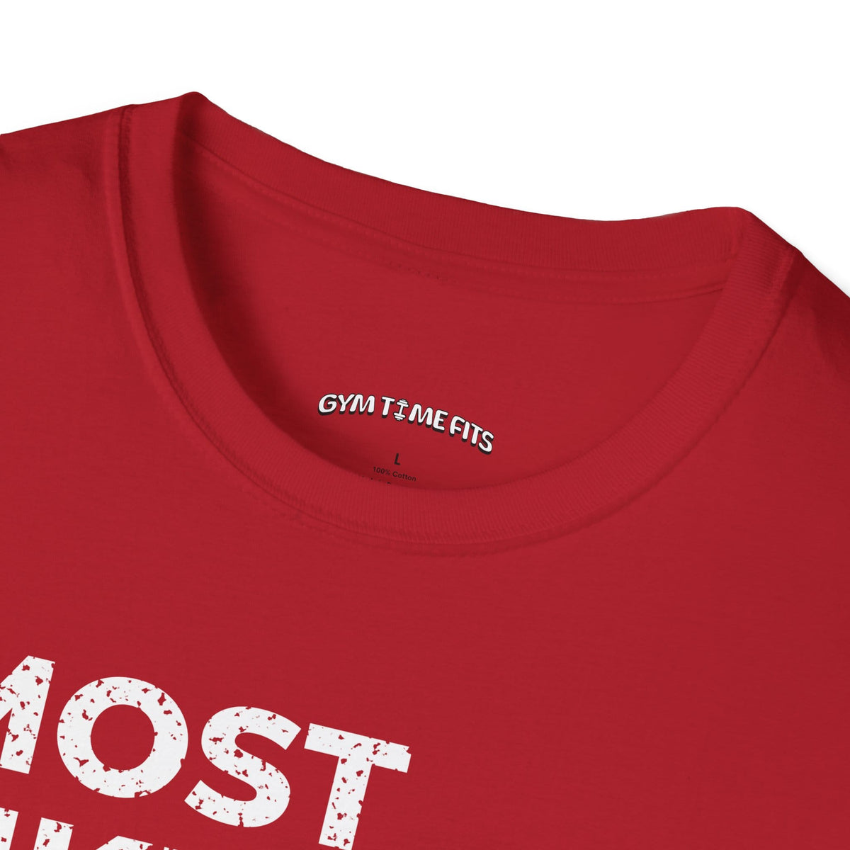 Close-up of the cherry red t-shirt collar with the Gym Time Fits neck label