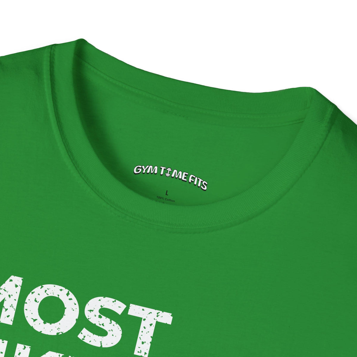 Close-up of the Irish green t-shirt collar with the Gym Time Fits neck label