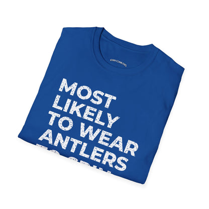 Folded royal blue t-shirt printed with "MOST LIKELY TO WEAR ANTLERS TO SPIN CLASS" in white