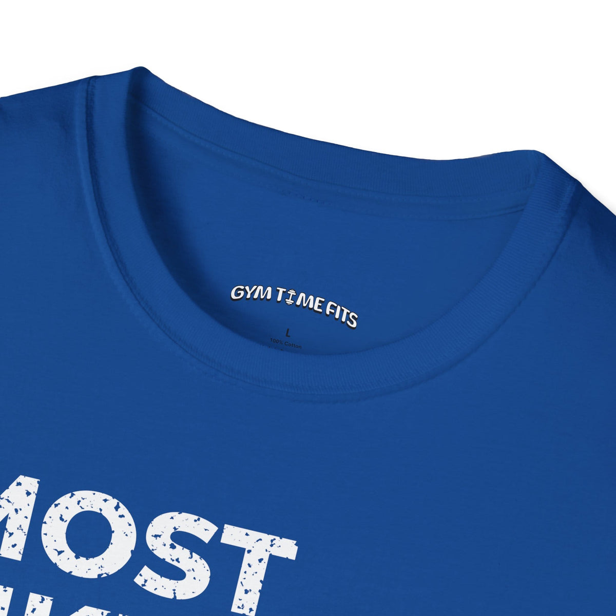 Close-up of the royal blue t-shirt collar with the Gym Time Fits neck label