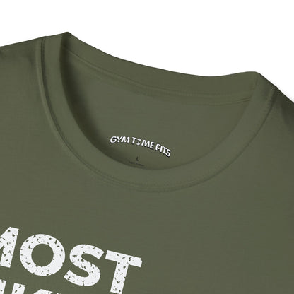 Close-up of the military green t-shirt collar with the Gym Time Fits neck label
