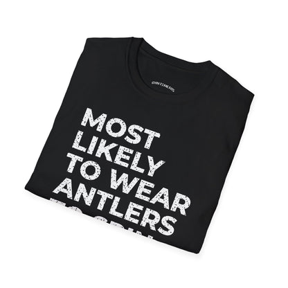 Folded black t-shirt printed with "MOST LIKELY TO WEAR ANTLERS TO SPIN CLASS" in white