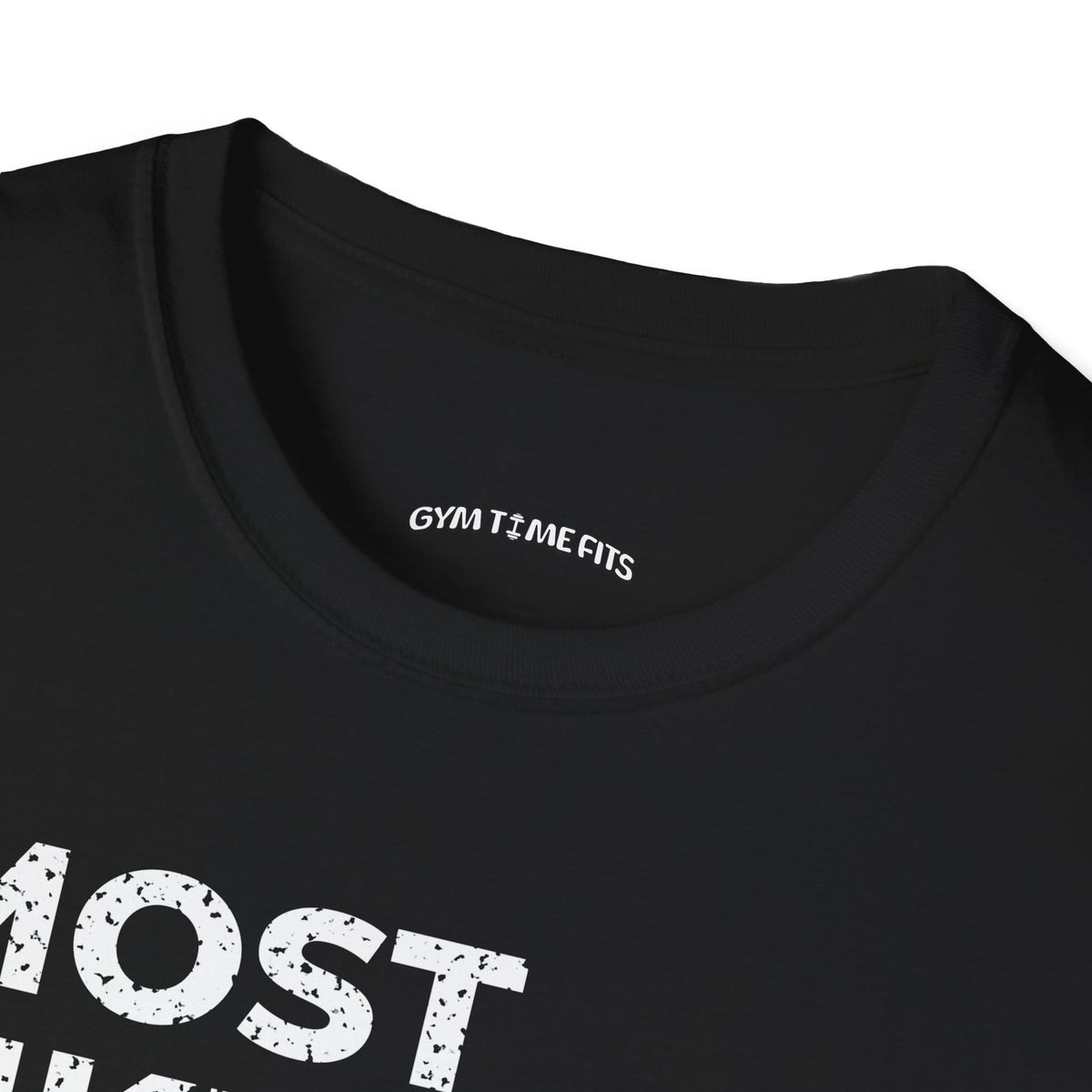 Close-up of the black t-shirt collar with the Gym Time Fits neck label