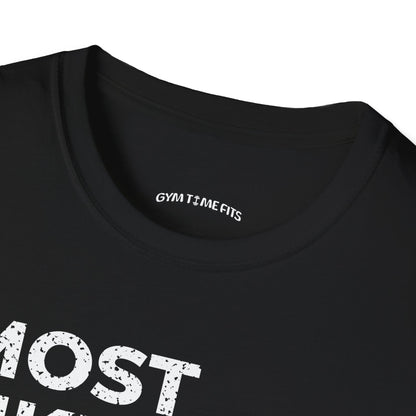 Close-up of the black t-shirt collar with the Gym Time Fits neck label
