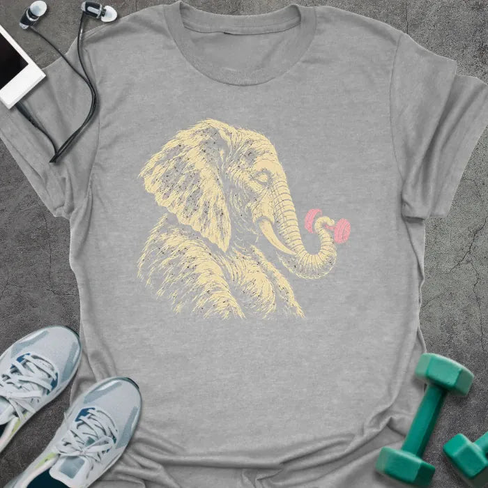 Sport grey t-shirt printed with a sketched elephant curling a pink dumbbell with its trunk