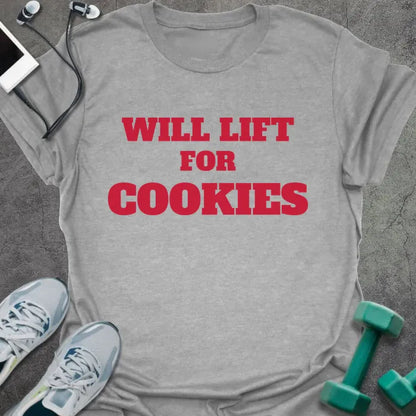 Sport grey t-shirt printed with "WILL LIFT FOR COOKIES" in red