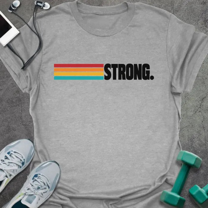 Sport grey t-shirt printed with "STRONG." in black, with retro red, orange, yellow and teal stripes