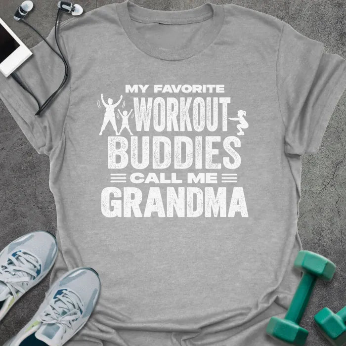 Sport grey t-shirt printed with "MY FAVORITE WORKOUT BUDDIES CALL ME GRANDMA" in white, with a grandmother and two kids doing jumping jacks and squats
