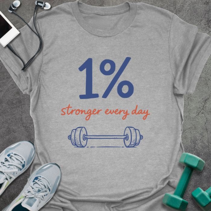Sport grey t-shirt printed with "1% stronger every day" in blue and red, with dumbbell illustration