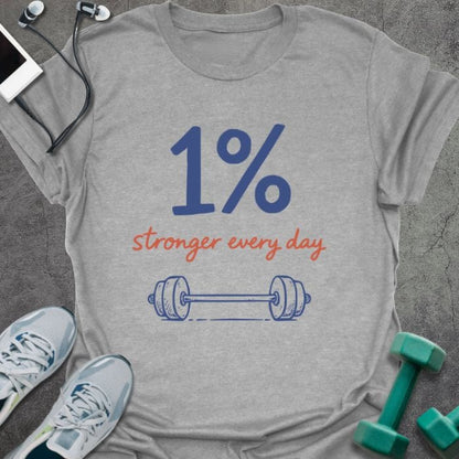 Sport grey t-shirt printed with "1% stronger every day" in blue and red, with dumbbell illustration