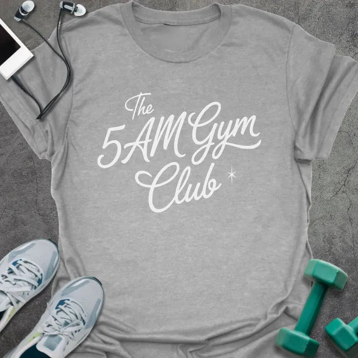 Sport grey t-shirt printed with "The 5AM Gym Club" in white