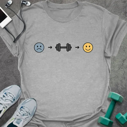 Sport grey t-shirt with a sad face to dumbbell to happy face progression