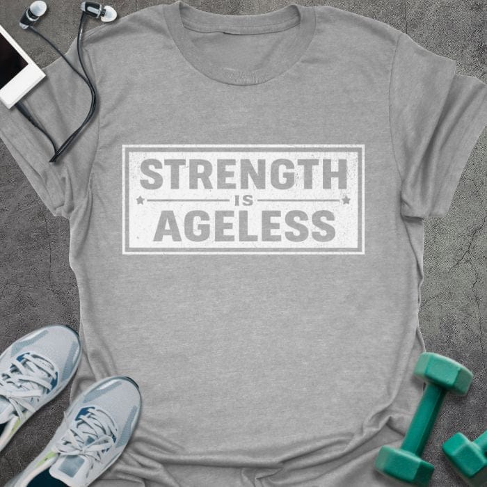 Sport grey t-shirt printed with "Strength is Ageless" in blue, with a rectangular badge design