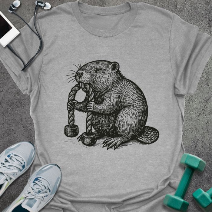 Sport grey t-shirt with beaver chewing wood