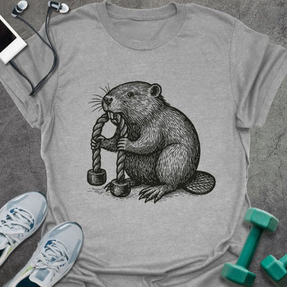 Sport grey t-shirt with beaver chewing wood