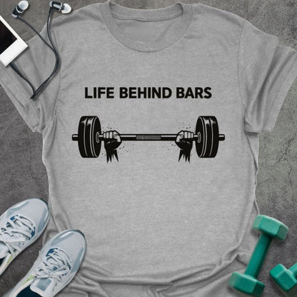 Sport grey t-shirt printed with "Life Behind Bars", with a barbell